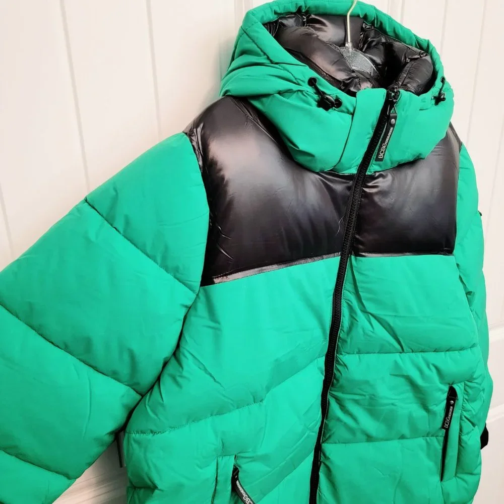 BCBGeneration Size XL Colorblock Hooded Puffer Jacket Kelly Green NWT $228